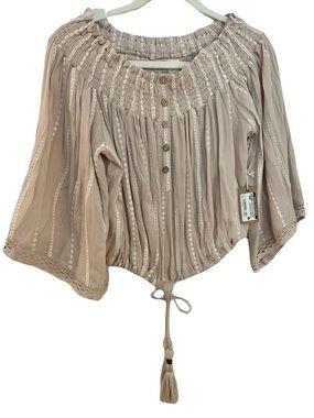 NWT Surf Gypsy Boho Smocked Peasant Blouse - Taupe
